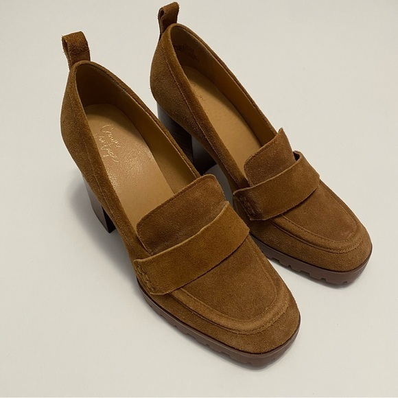 Crown Vintage Shoes - Crown Vintage Brown Suede Block Heel Loafers